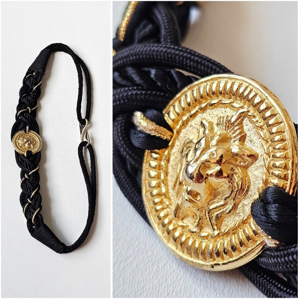 🖤 Vintage Black Braided Cord Belt with Gold Lion Medallion Made in Taiwan
